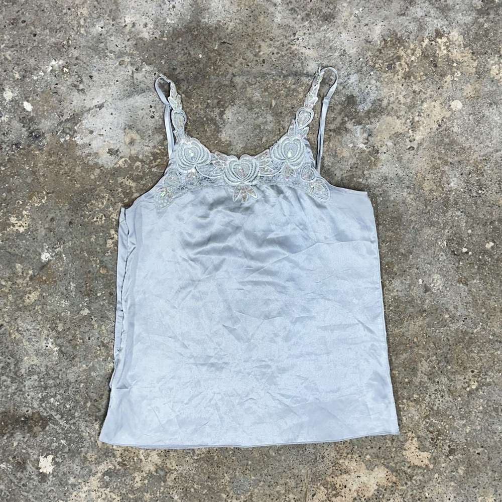 Vintage Silver Lace Satin Tank Top